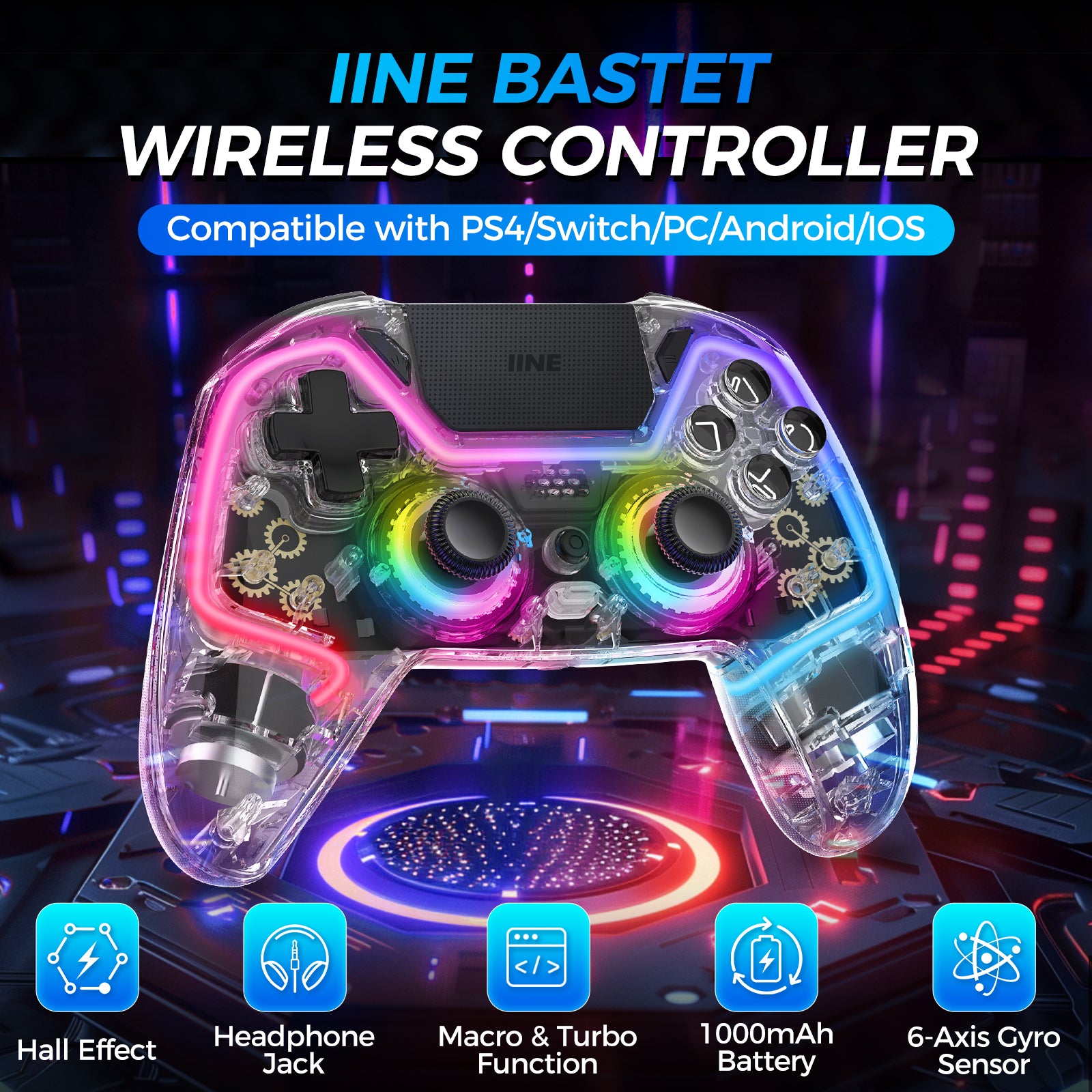 IINE Bastet Wireless Transparent Controller for PS4/Switch/PC/Android/iOs