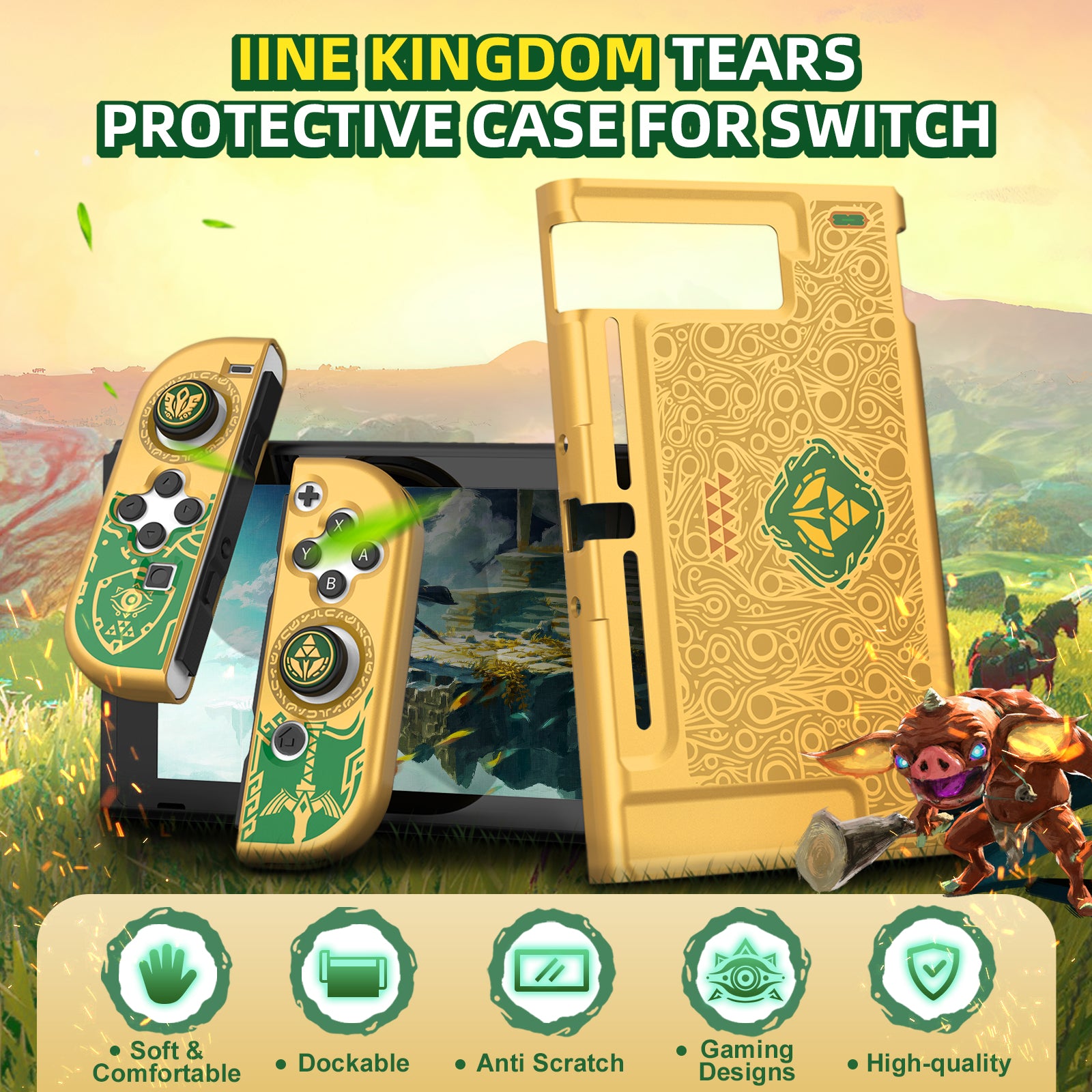 IINE Golden-Green Protective Case Cover Compatible Nintendo Switch V2 Console Switch 2017
