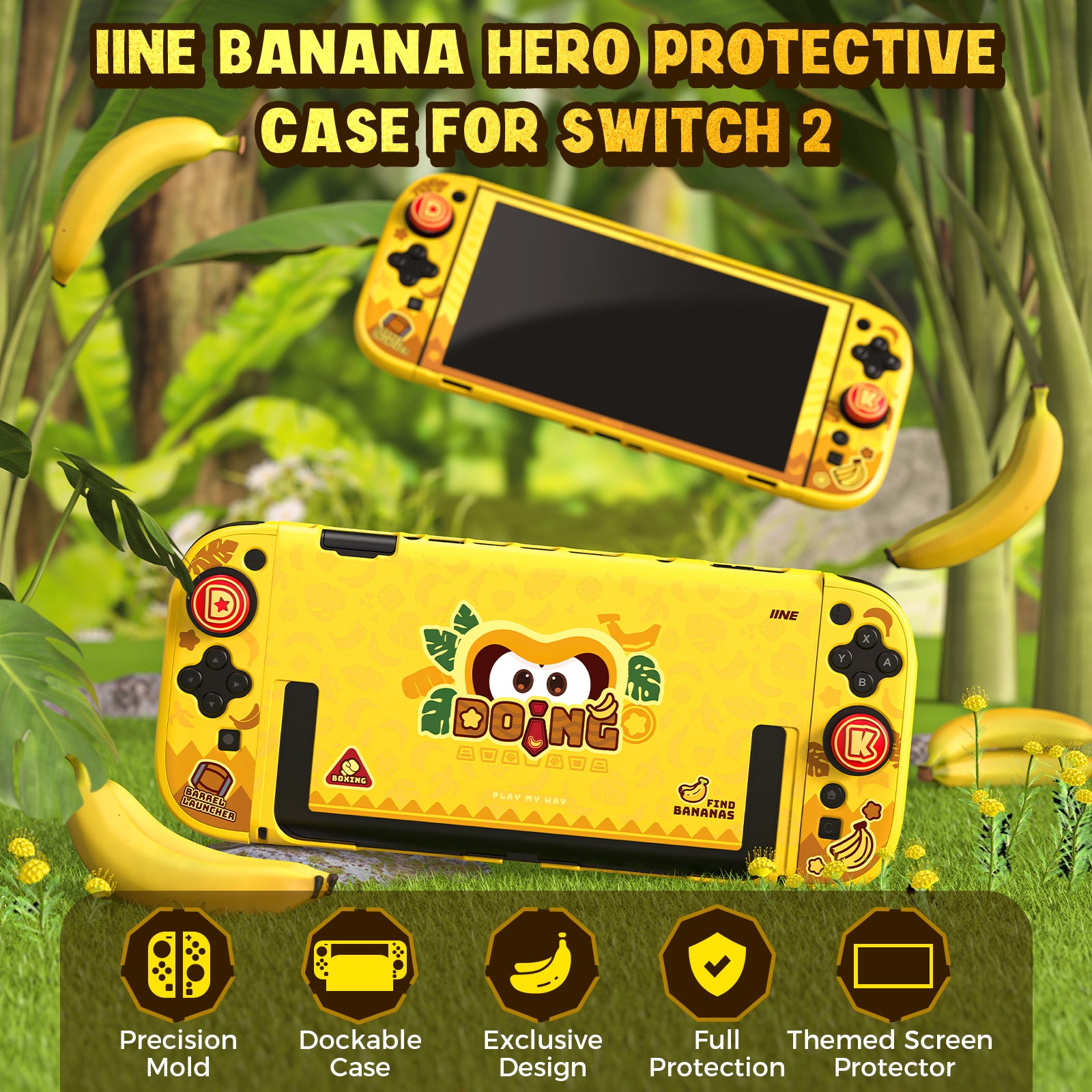 IINE Banana Hero Protective Case & Tempered Glass Film & Storage Bag & Game Card Case for Switch 2