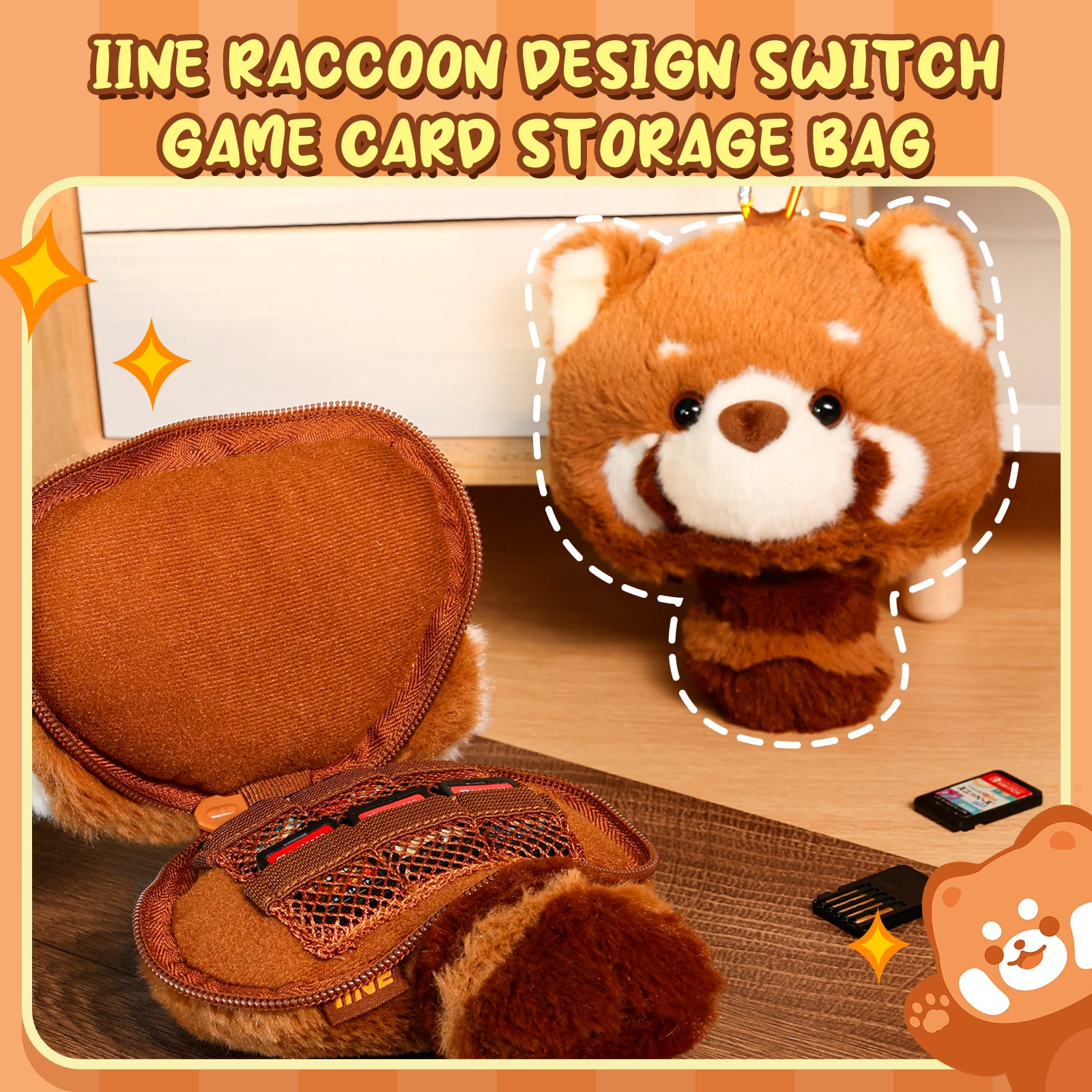 IINE Raccoon Design Switch Game Card Storage Bag for Switch Game Card Case Plush Card Holder with Soft Lining