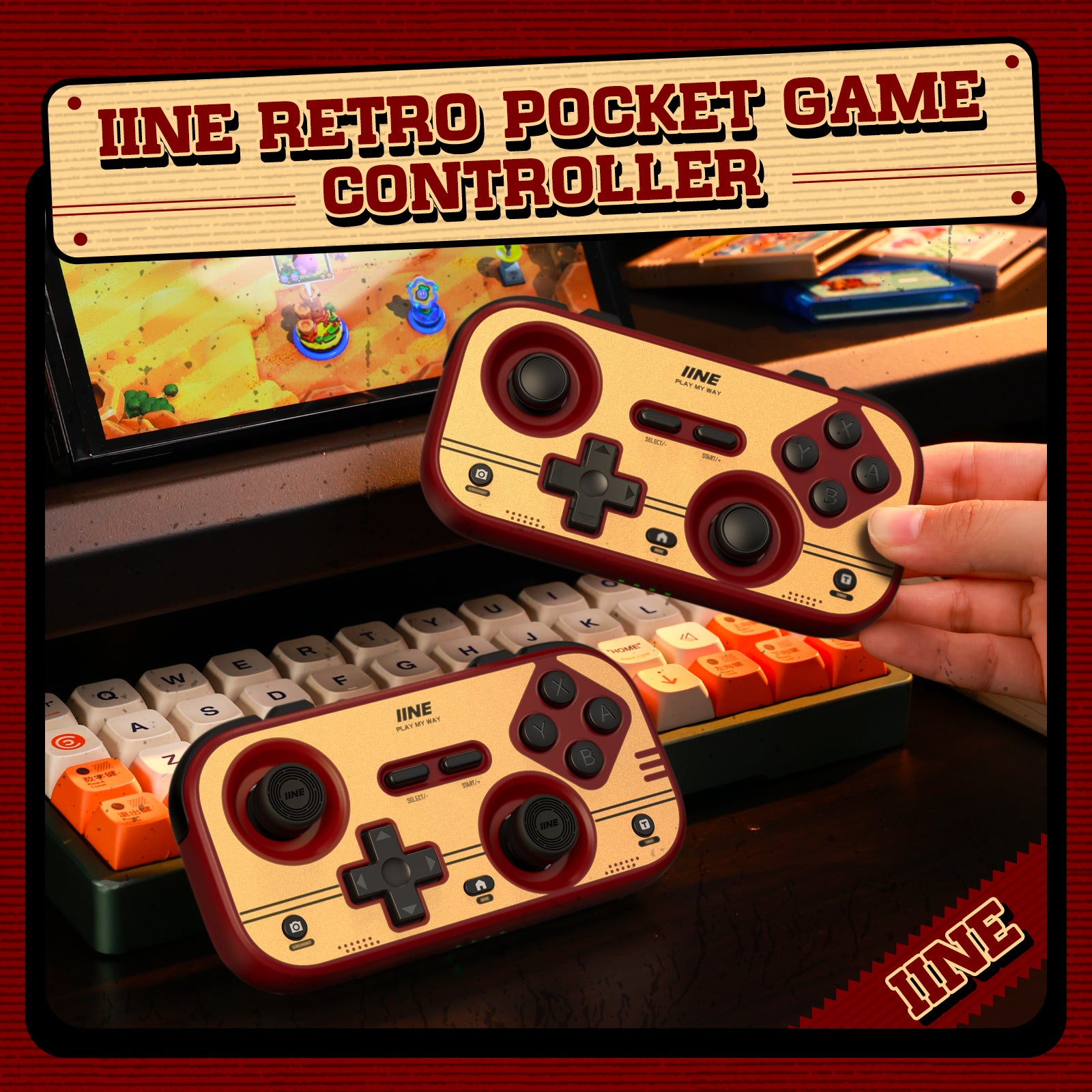 IINE Retro Red Pocket Controller - Hall Effect Joysticks, 1000Hz Polling Rate, 6-Axis Gyro, Portable for Switch/PC/Mobile