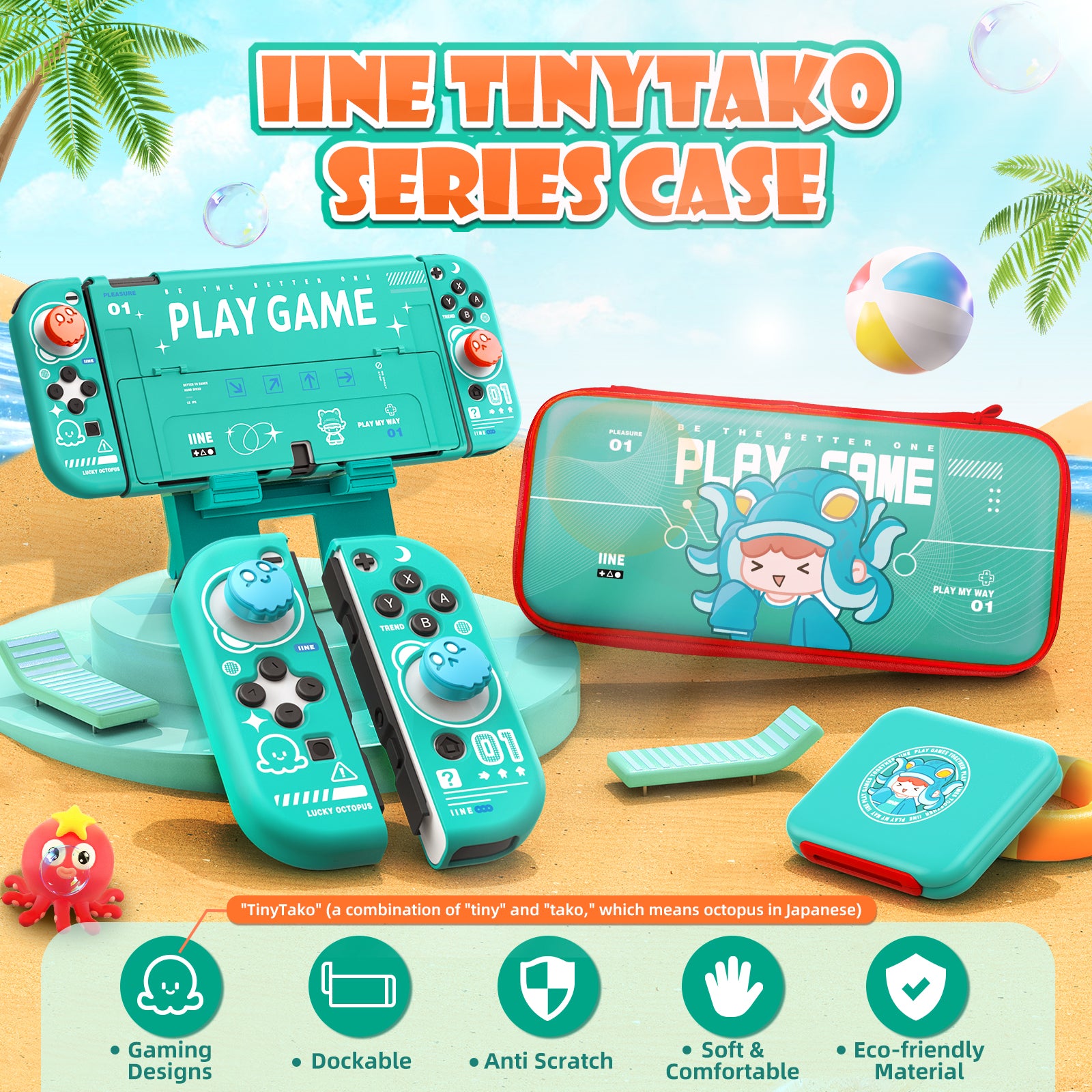 IINE Cool Summer TinyTako Series OLED Protective Case Cover Accessories Compatible Nintendo Switch