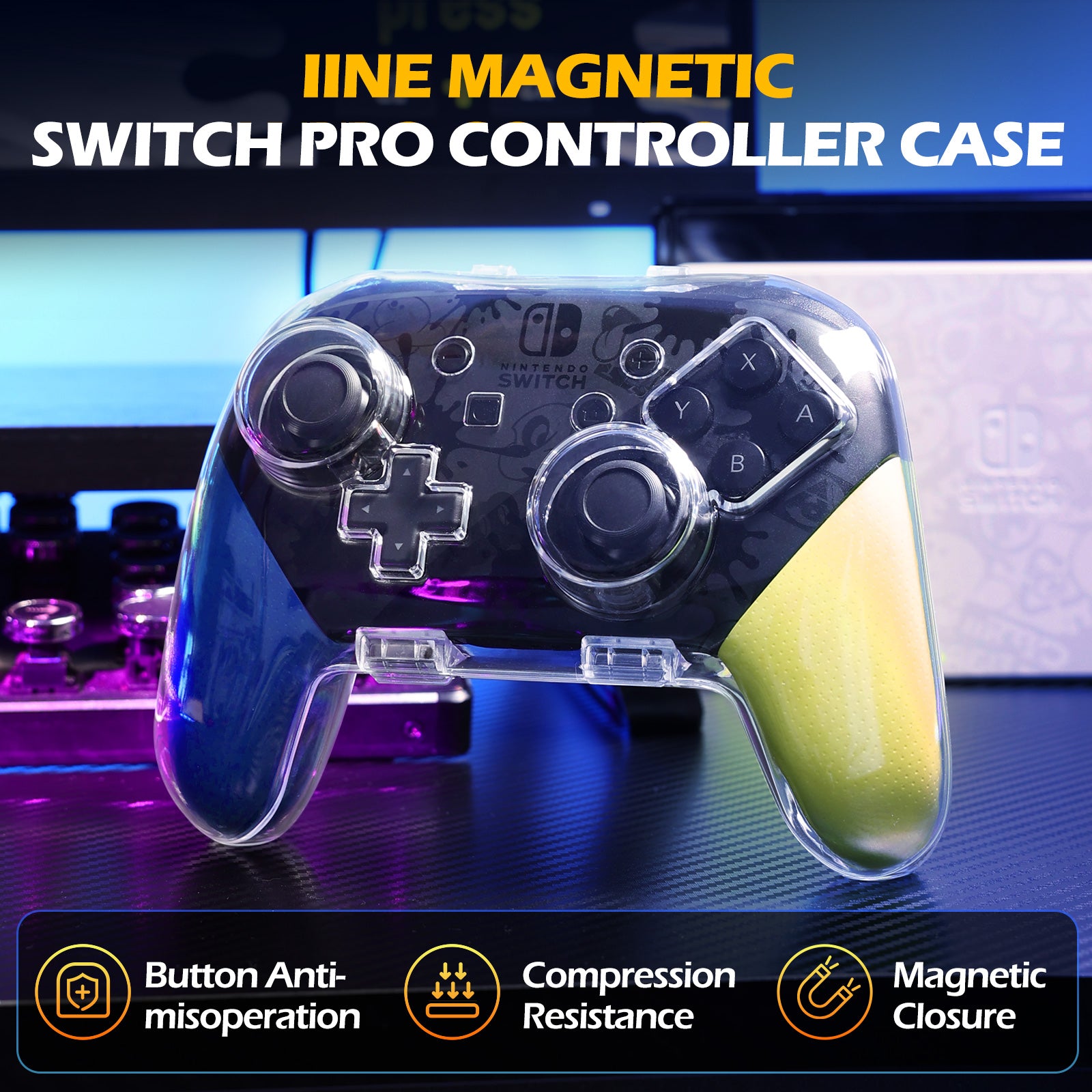 IINE Transparent PC Magnetic Storage Case for Nintendo Switch Pro Controller