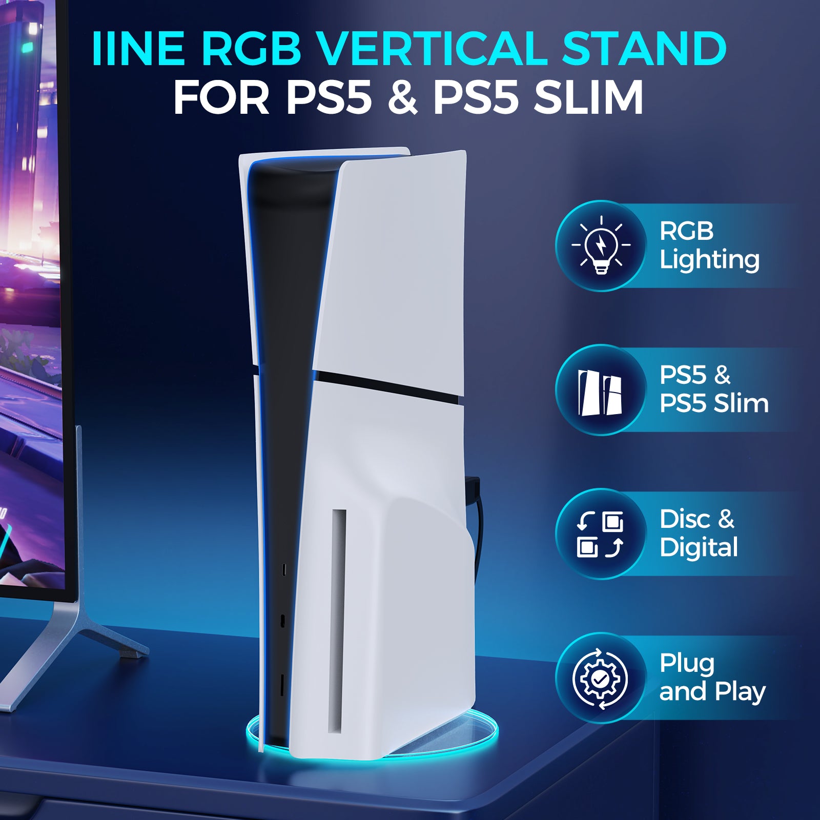 IINE RGB Vertical Stand for PS5 Pro & PS5 & PS5 Slim Disc & Digital