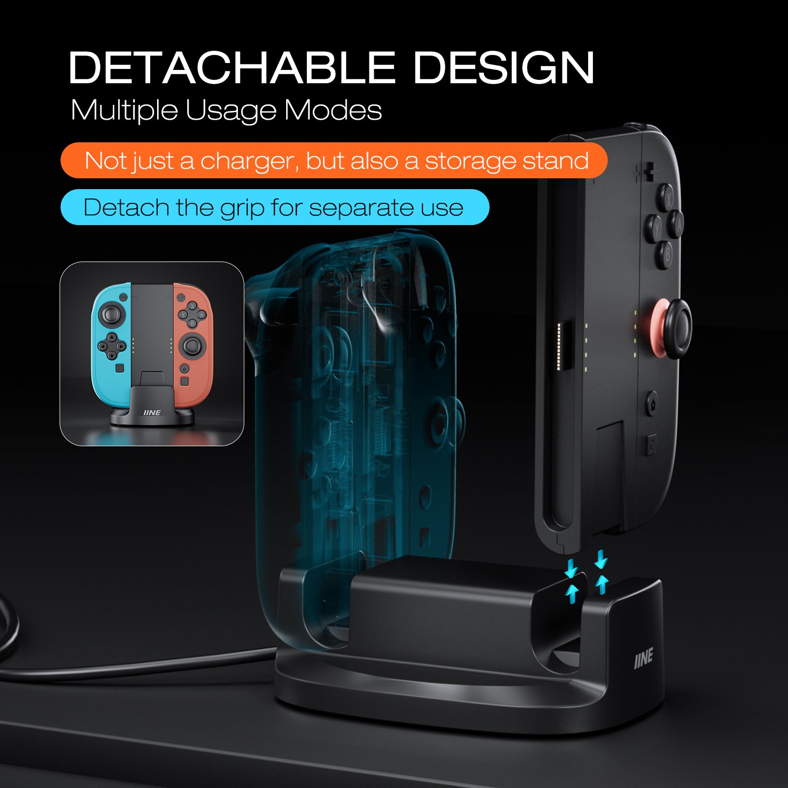 IINE 4-in-1 Charging Stand with Detachable 2pcs Charging Grip for Switch 2