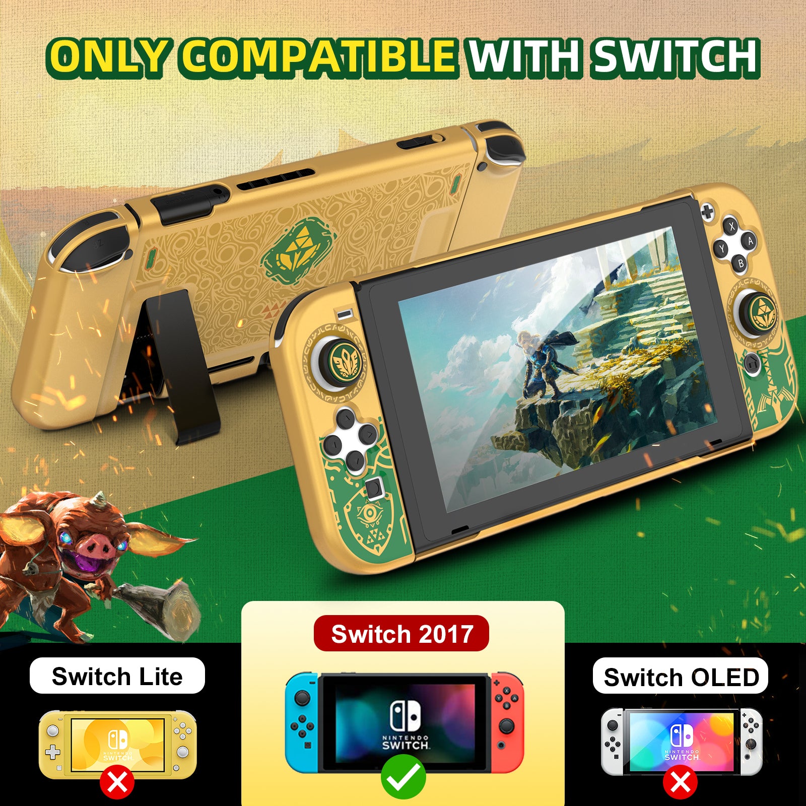 IINE Golden-Green Protective Case Cover Compatible Nintendo Switch V2 Console Switch 2017