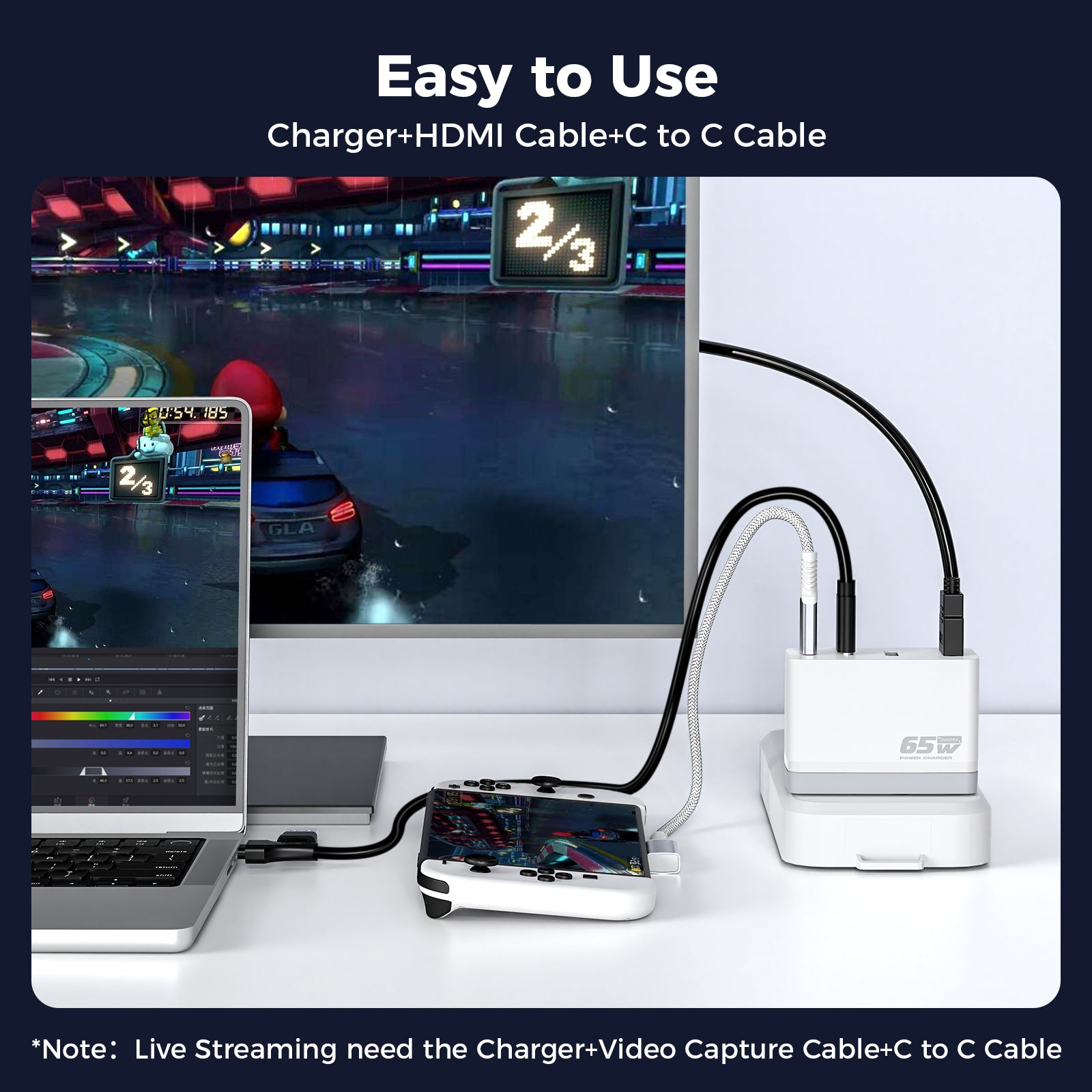 IINE 65W Gallium Nitride Video Capture Charger for Switch/Steam deck/Pad