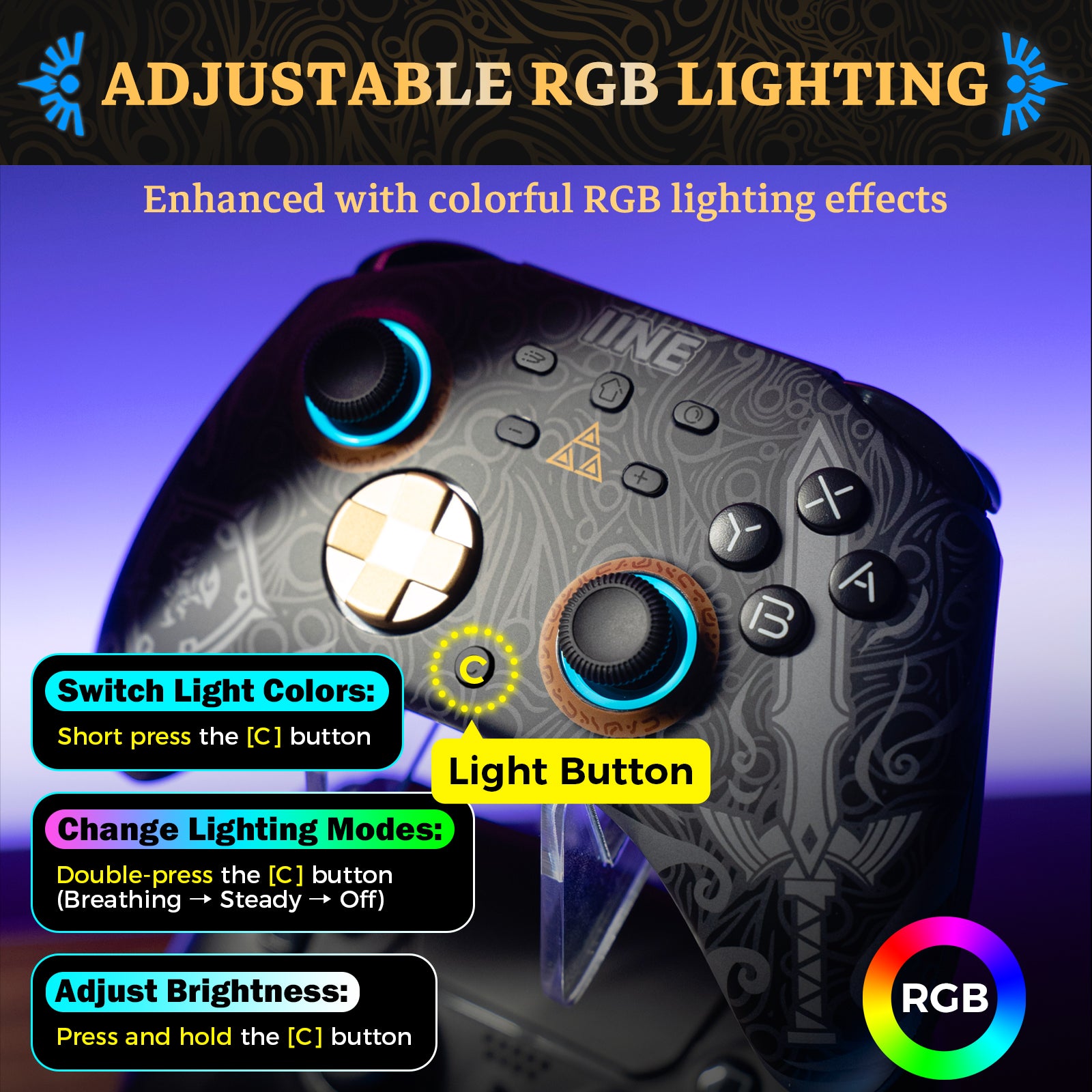IINE ARES WIRELESS GEN 2 CONTROLLER/Wake-Up for Switch 2/ 6-Axis Motion Control / One-Button RGB Lighting Control/Adjustable Vibration /Macro Buttons/Turbo Function/3.5mm Headphone