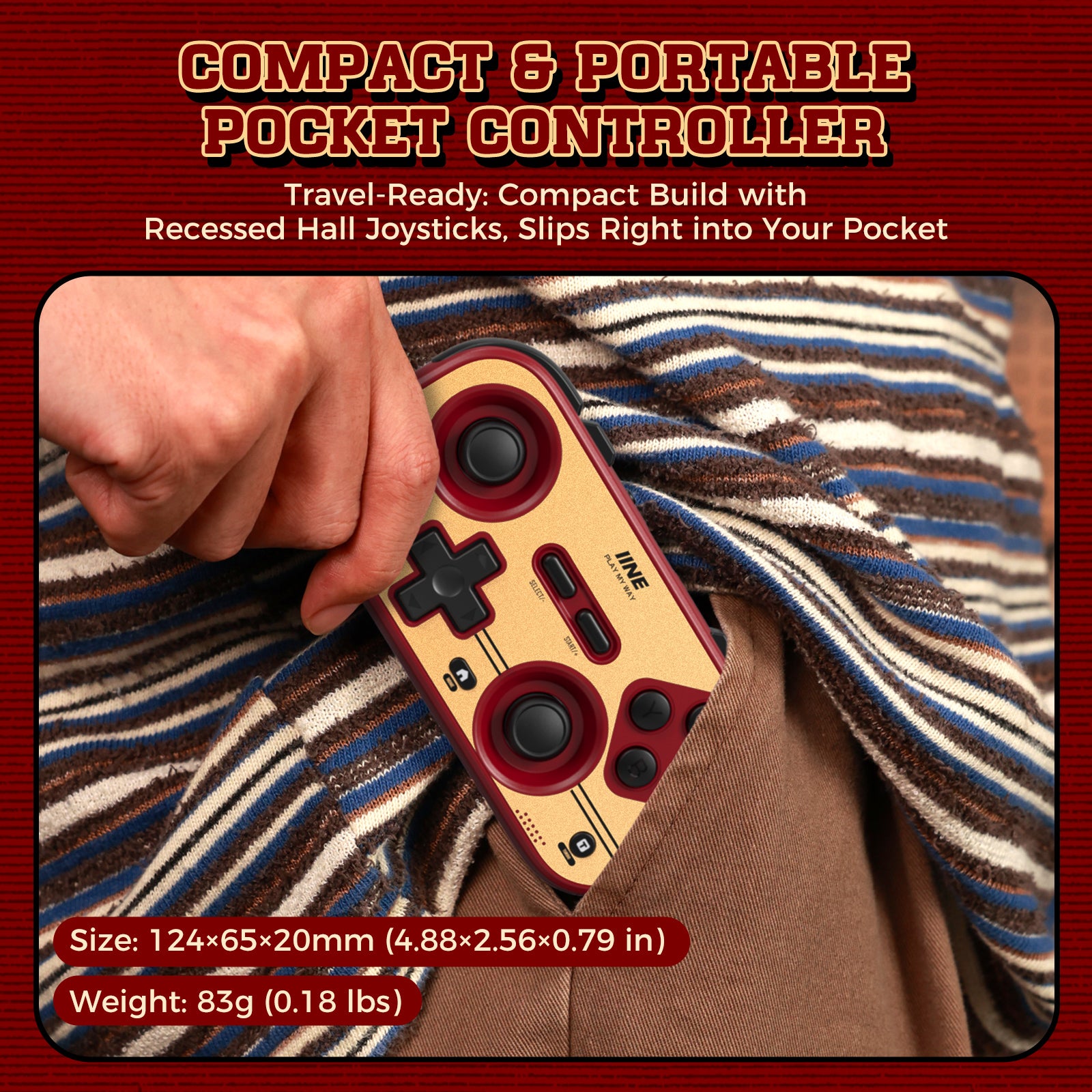 IINE Retro Red Pocket Controller - Hall Effect Joysticks, 1000Hz Polling Rate, 6-Axis Gyro, Portable for Switch/PC/Mobile