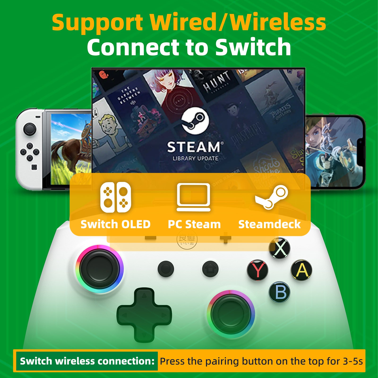 IINE Wireless Controller White Macro Programming Pro Controller Compatible Nintendo Switch/OLED PC Steam Steamdeck