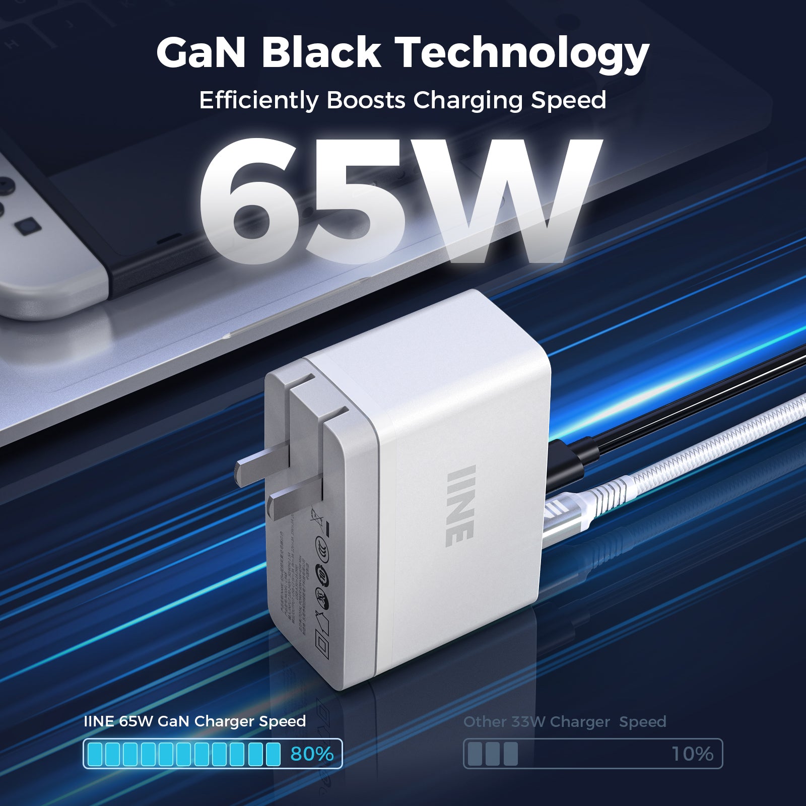 IINE 65W Gallium Nitride Video Capture Charger for Switch/Steam deck/Pad