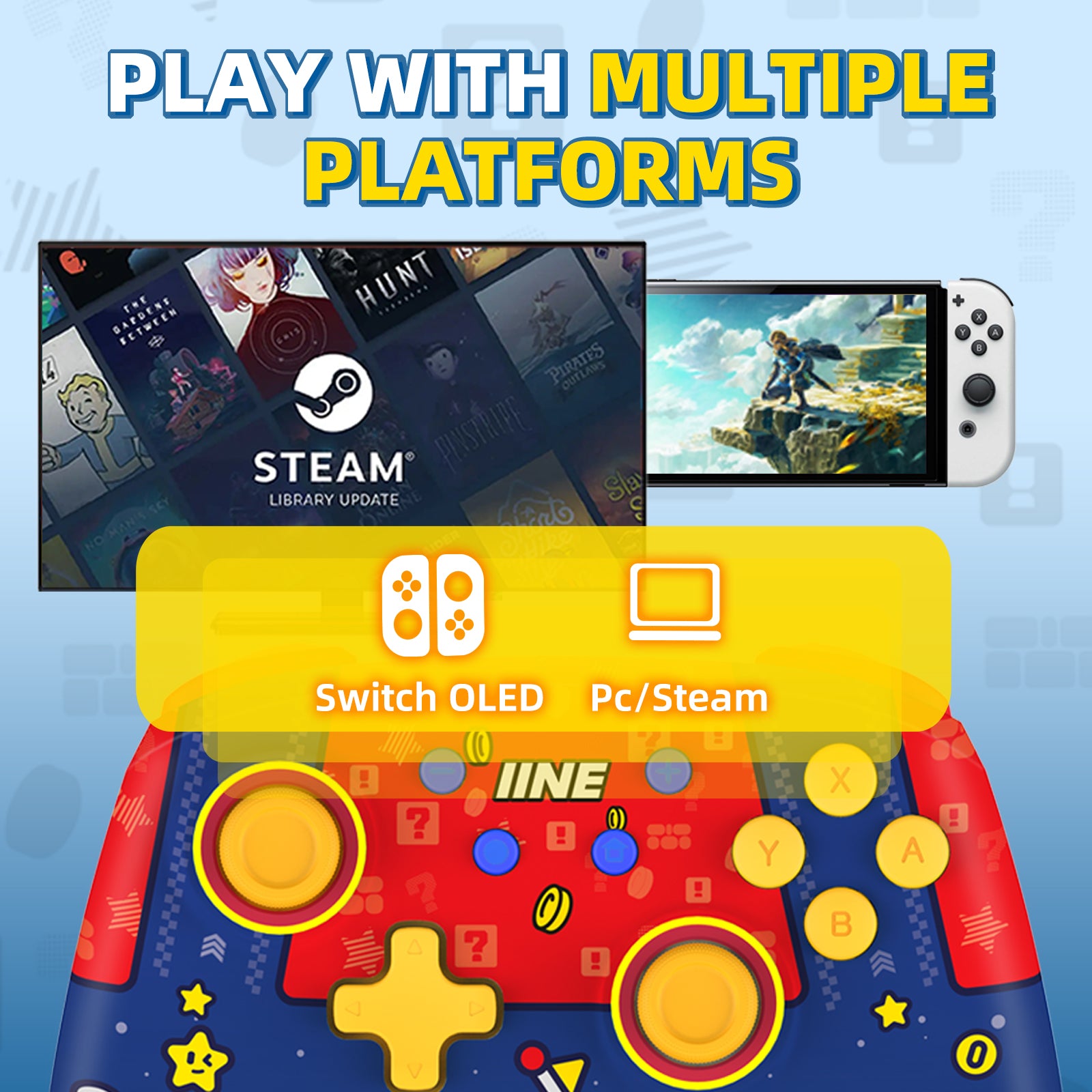 IINE Mario RedBlue & Pikachu Yellow Wireless Pro Controller