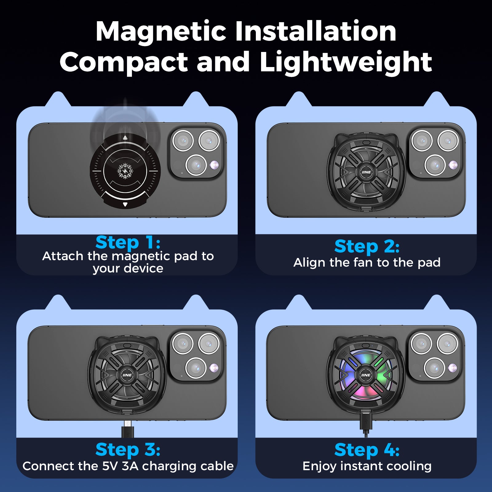 IINE Chill Meow Magnetic Cooling Fan /Magnetic Installation Compact and Light weight /Vibrant RGB Lighting
