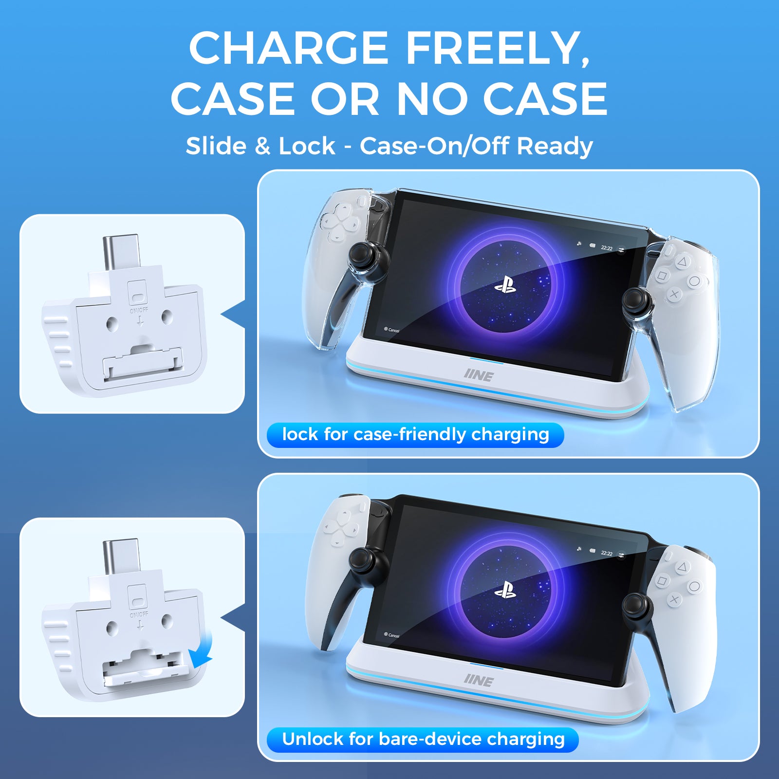 IINE PlayStation Portal magnetic charging dock showing adapter settings for use with or without a compatible case