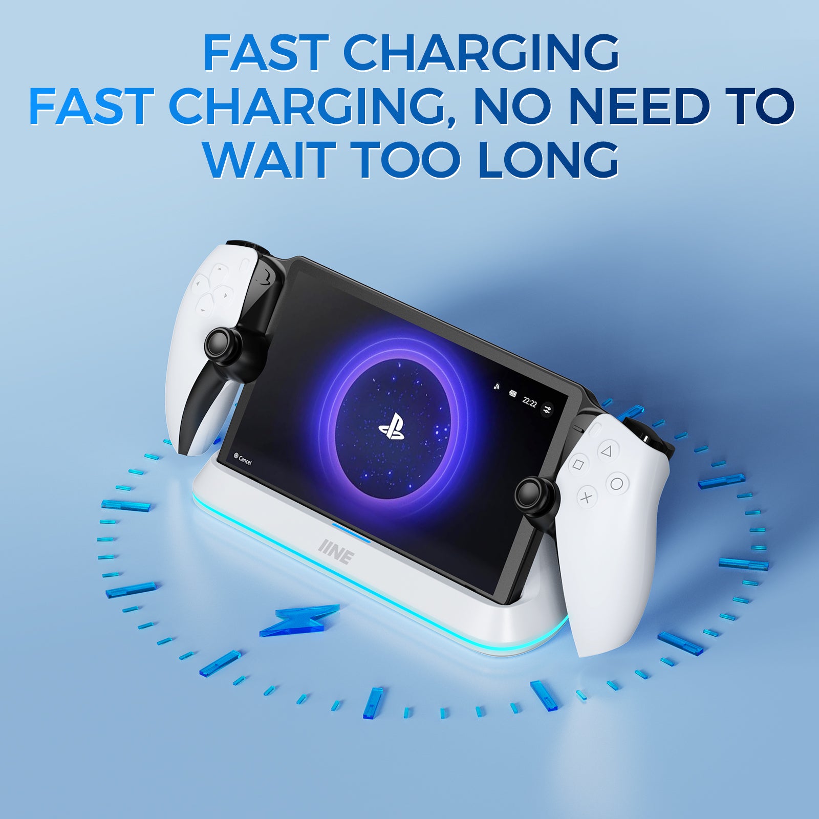 PlayStation Portal charging on a white IINE magnetic charging dock with blue RGB lighting