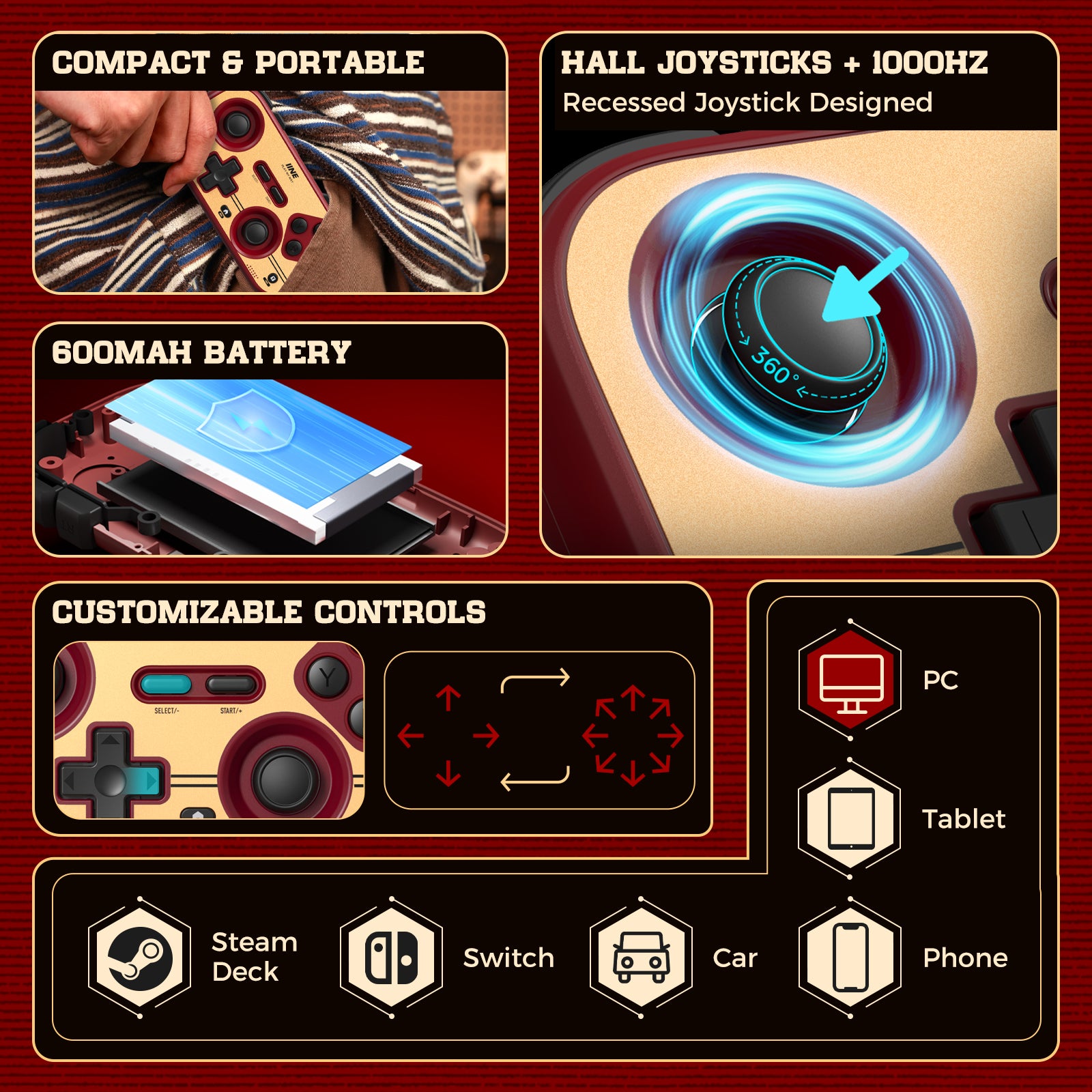 IINE Retro Red Pocket Controller - Hall Effect Joysticks, 1000Hz Polling Rate, 6-Axis Gyro, Portable for Switch/PC/Mobile