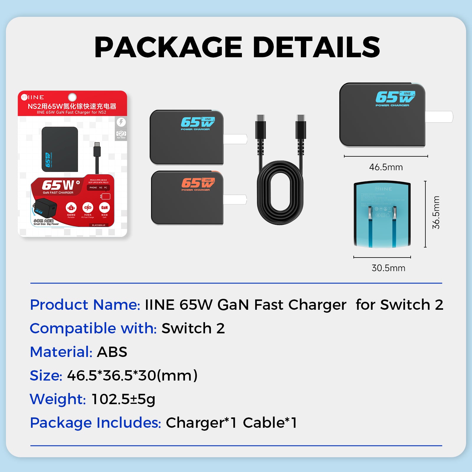 IINE 65W GaN Fast Charger for Switch2