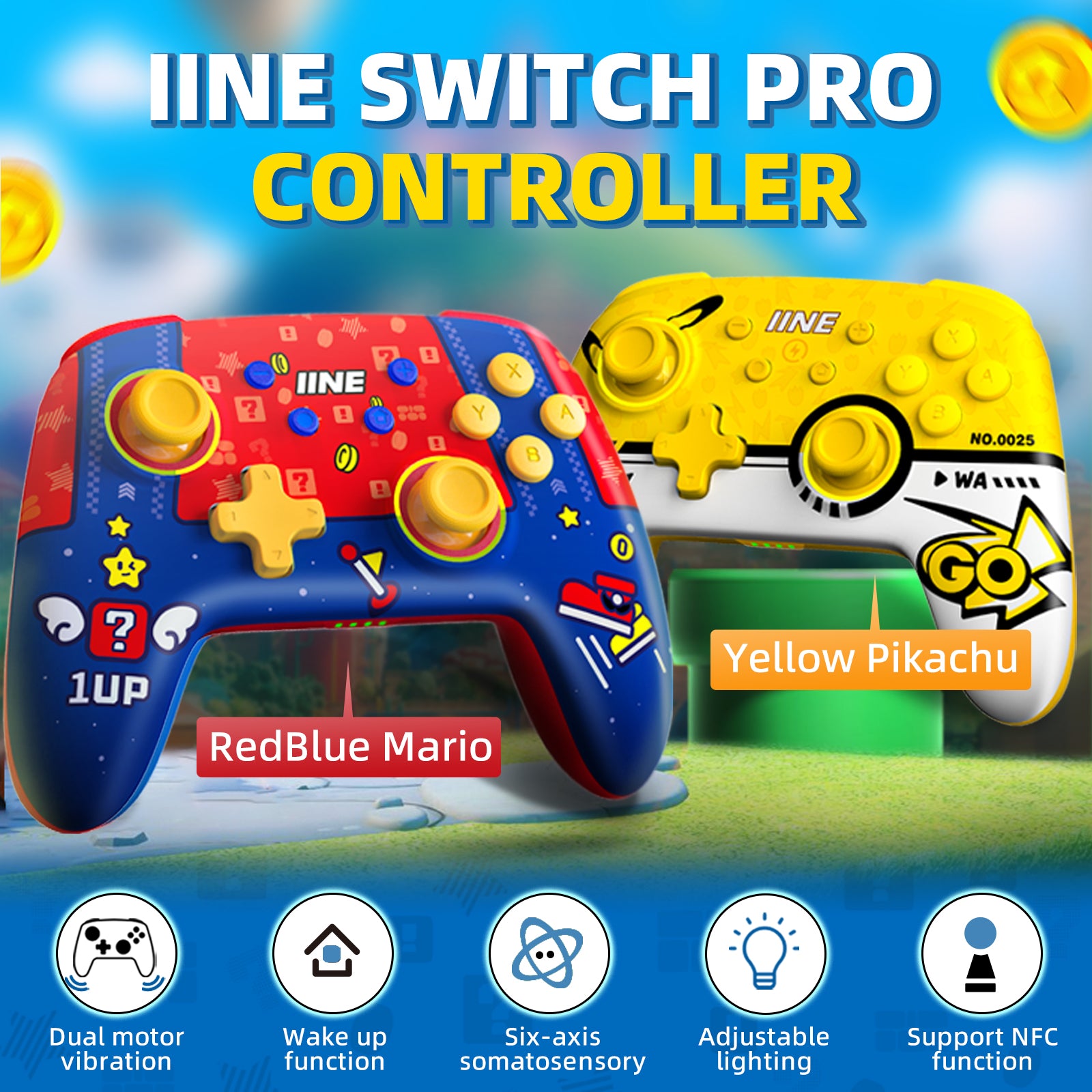 IINE Mario RedBlue & Pikachu Yellow Wireless Pro Controller