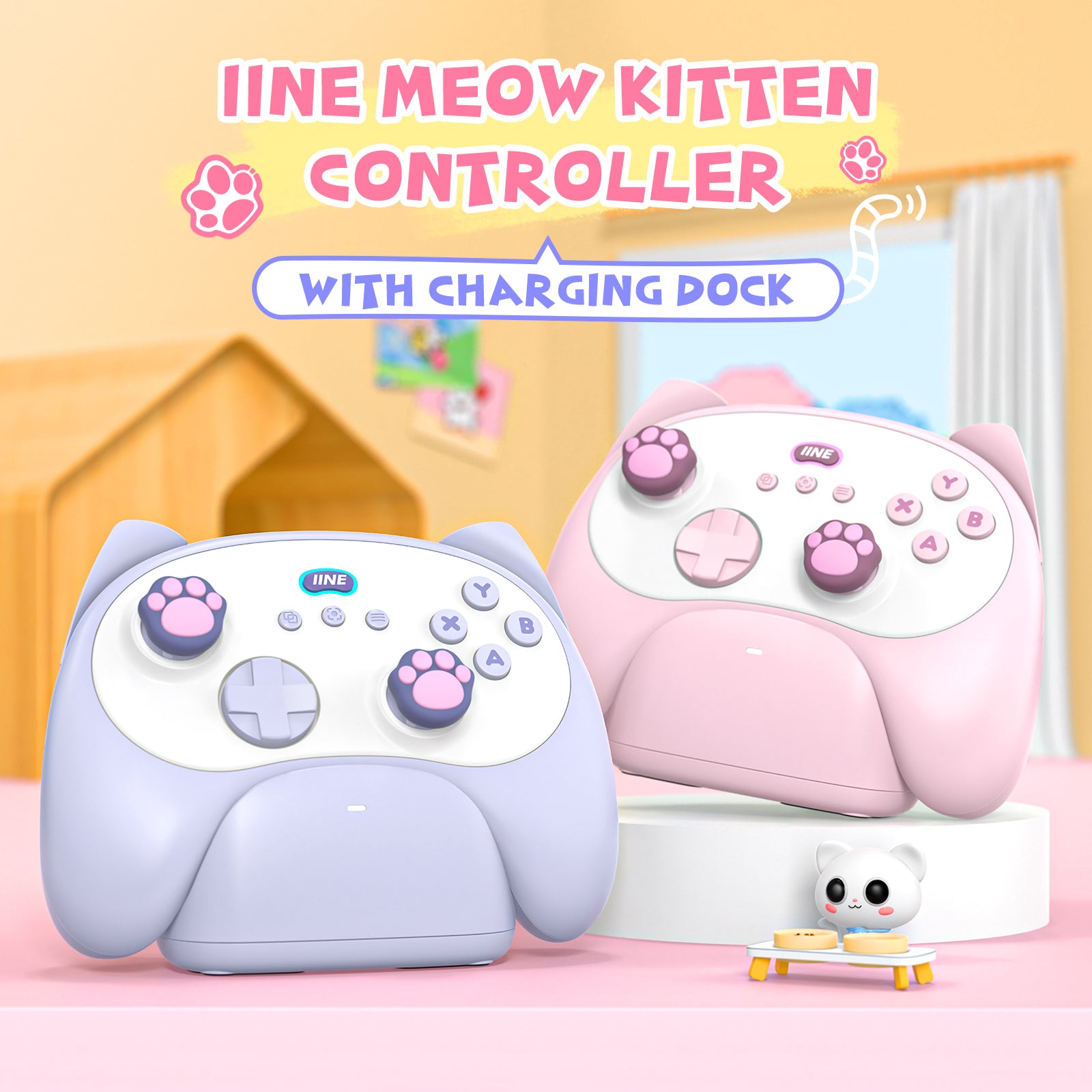 IINE Meow Kitten Controller with Charging Dock | High-Density Hall Effect Joystick | IINE App Support