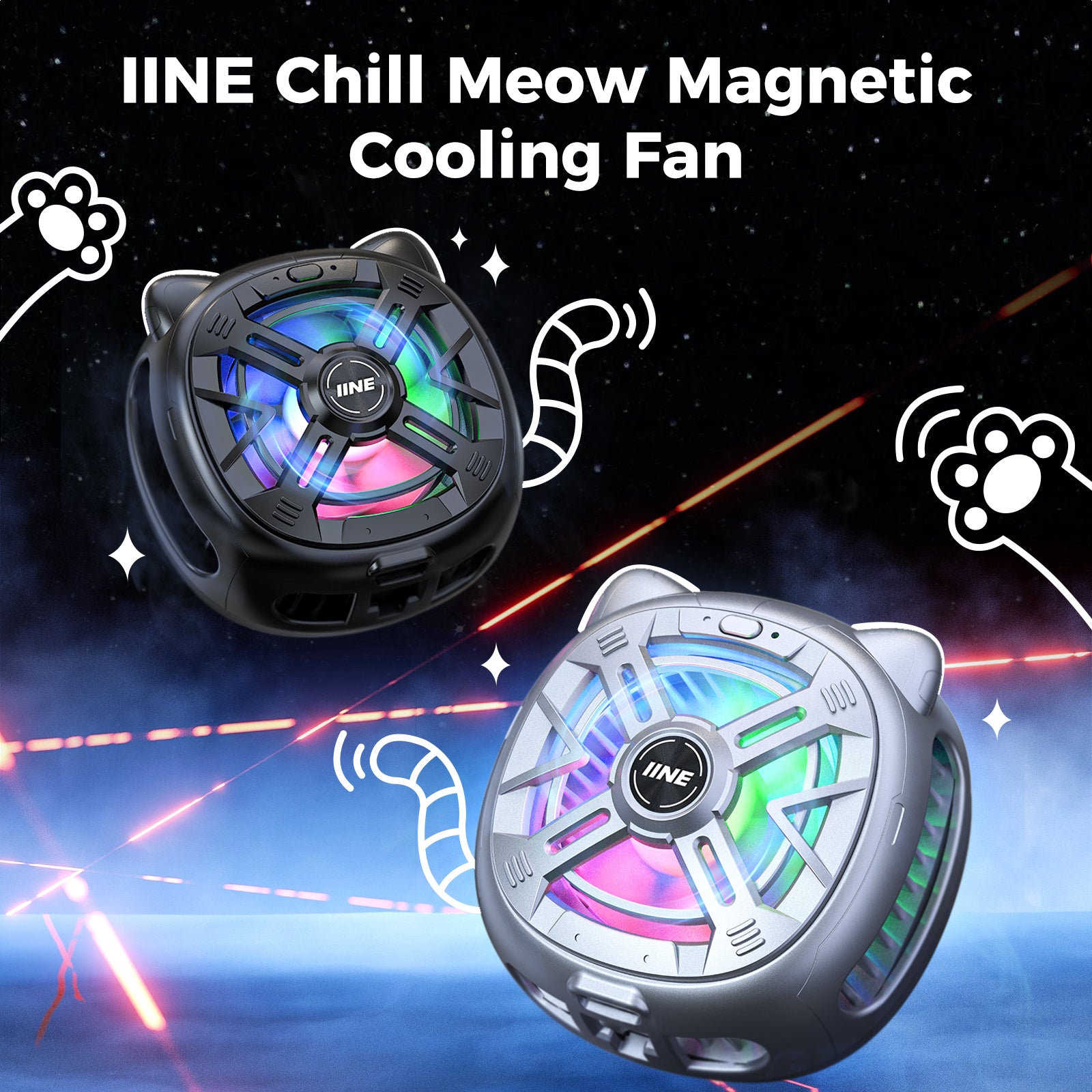 IINE Chill Meow Magnetic Cooling Fan /Magnetic Installation Compact and Light weight /Vibrant RGB Lighting