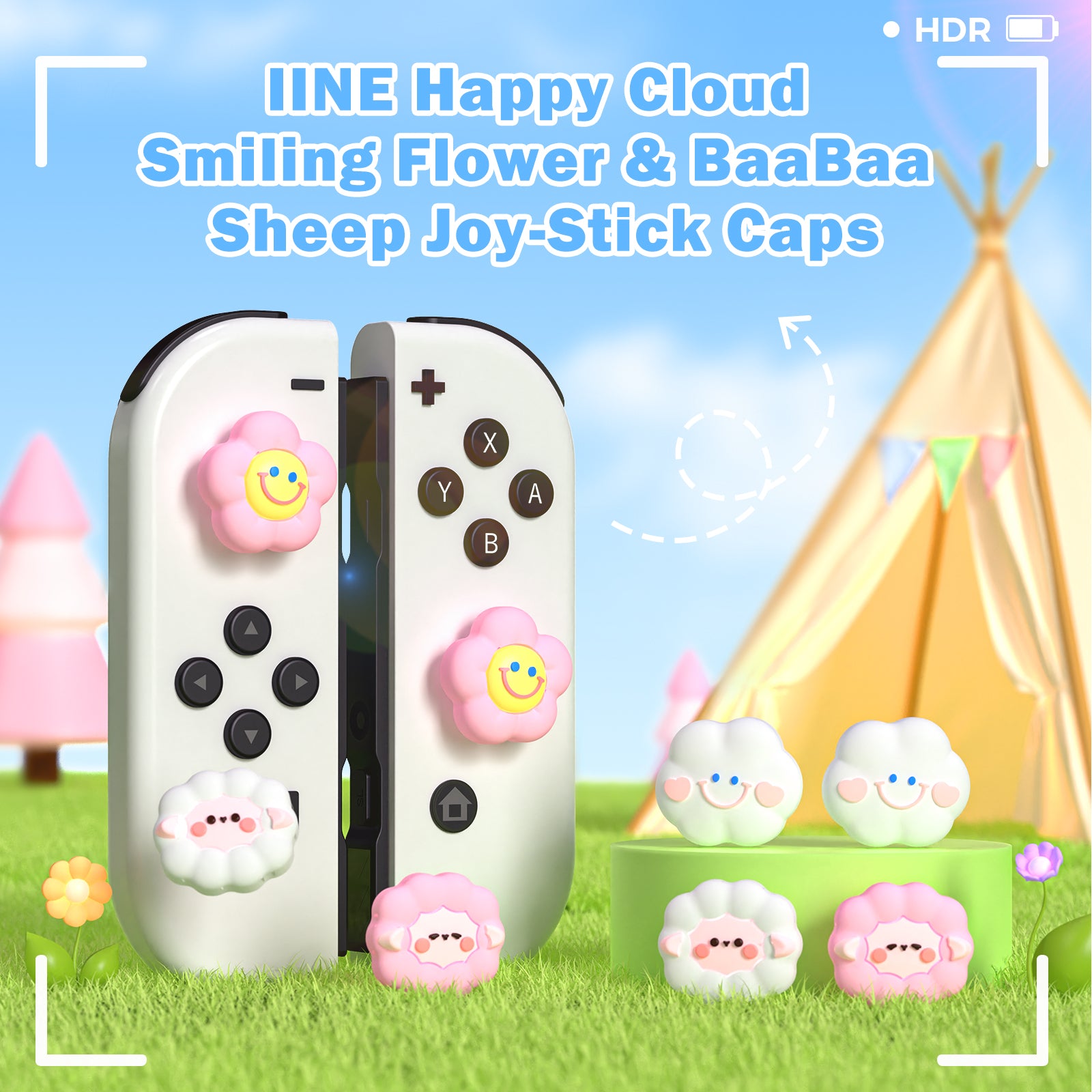 IINE Happy Cloud Smiling Flower & BaaBaa Sheep Silicone Joy-Stick Caps for Switch Joy-Con