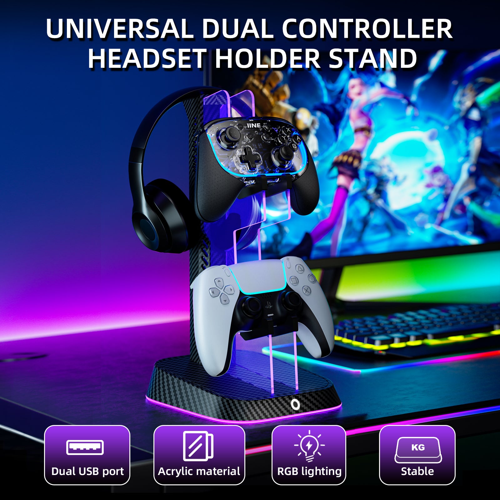 IINE Universal dual controller headset holder stand for Switch/XBOX/PS5/Headset