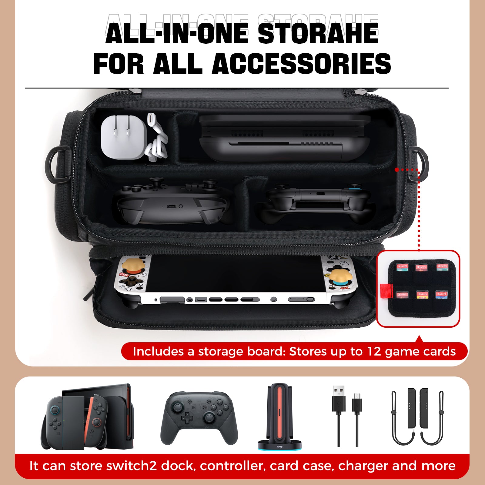 IINE Quick-detach design Crrrying Storage Bag for Switch 2