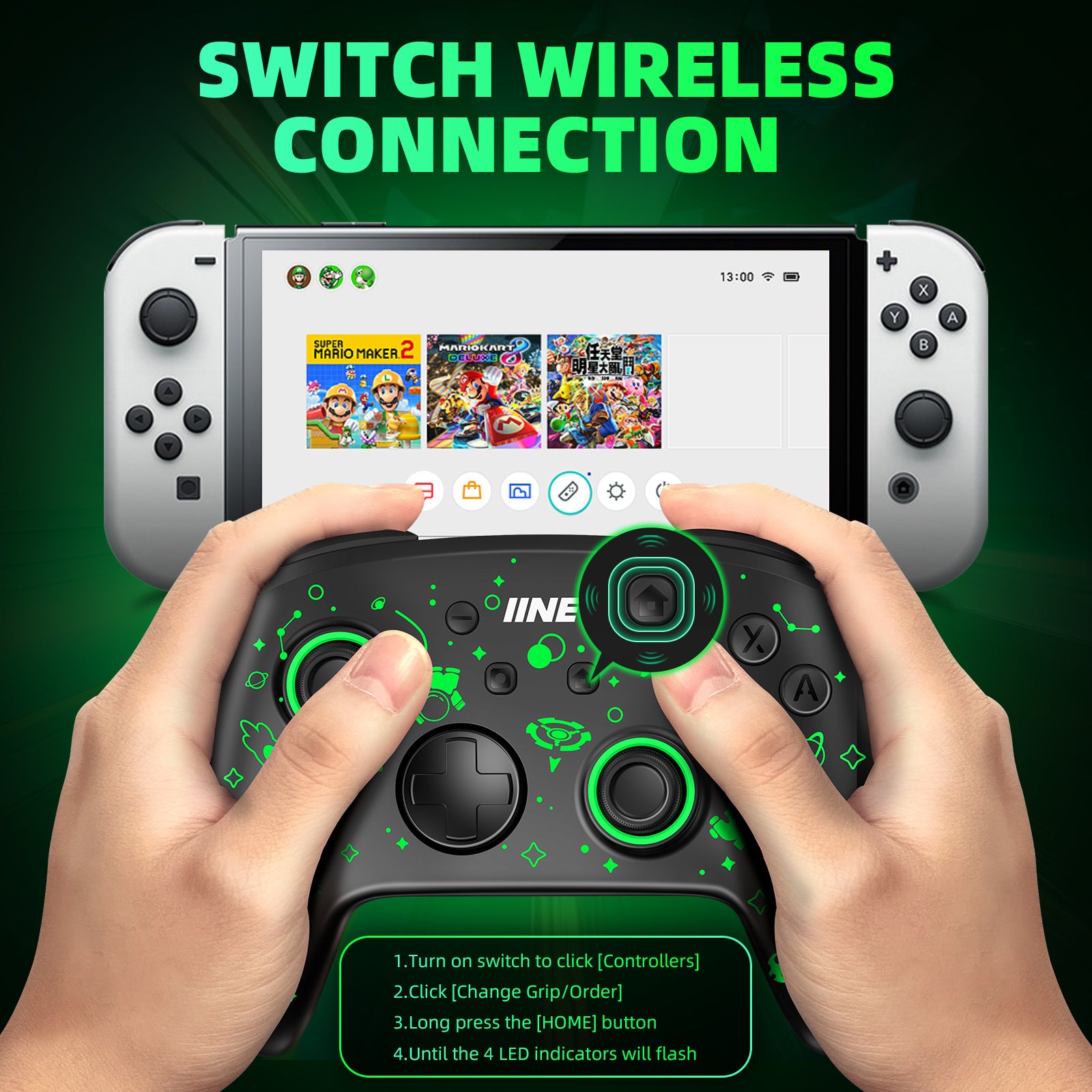IINE Wireless Controller Wake Up Support NFC Amiibo Compatible Nintendo Switch/Switch OLED/PC Steam
