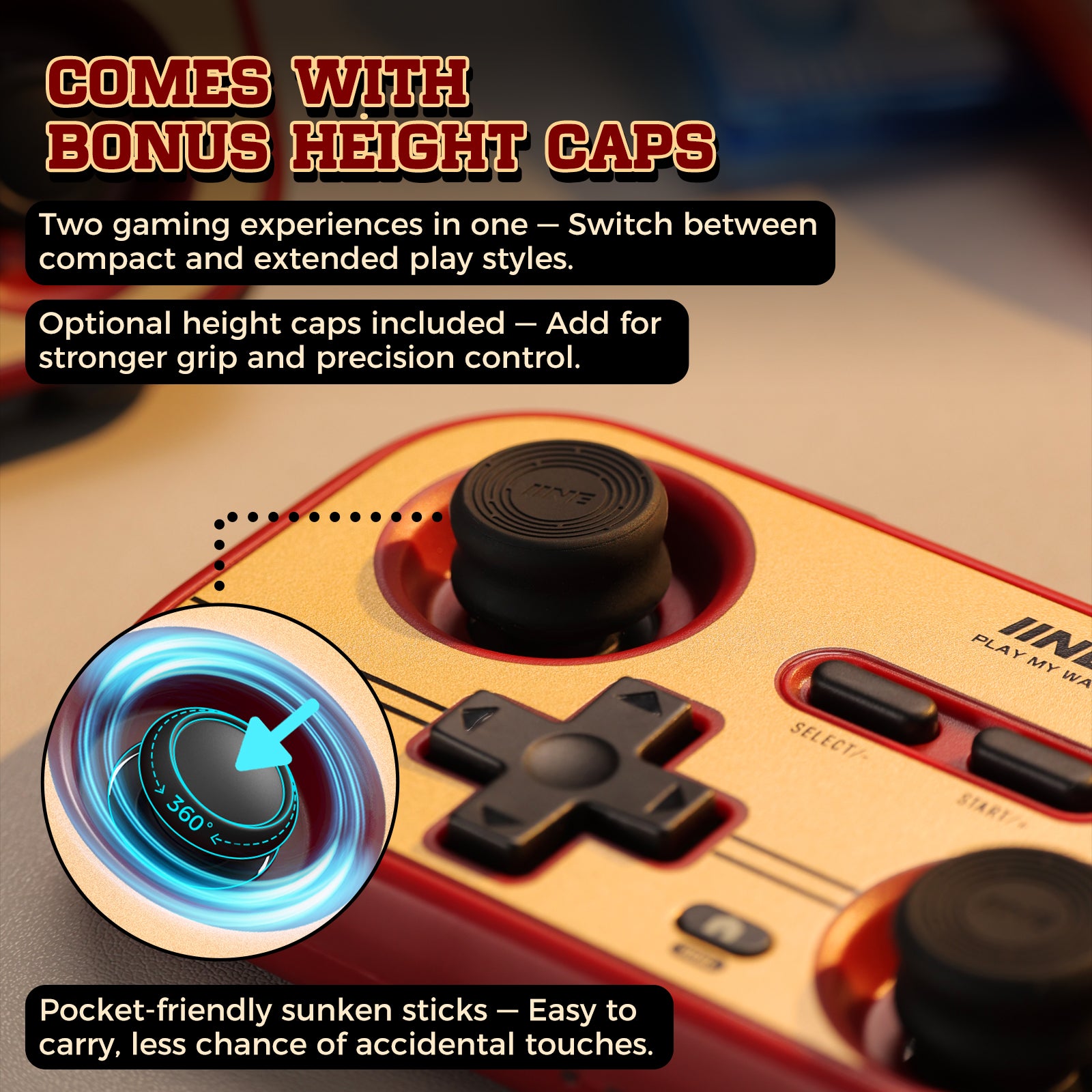 IINE Retro Red Pocket Controller - Hall Effect Joysticks, 1000Hz Polling Rate, 6-Axis Gyro, Portable for Switch/PC/Mobile