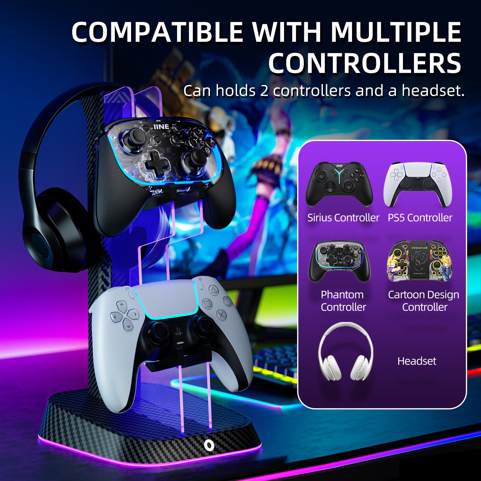 IINE Universal dual controller headset holder stand for Switch/XBOX/PS5/Headset