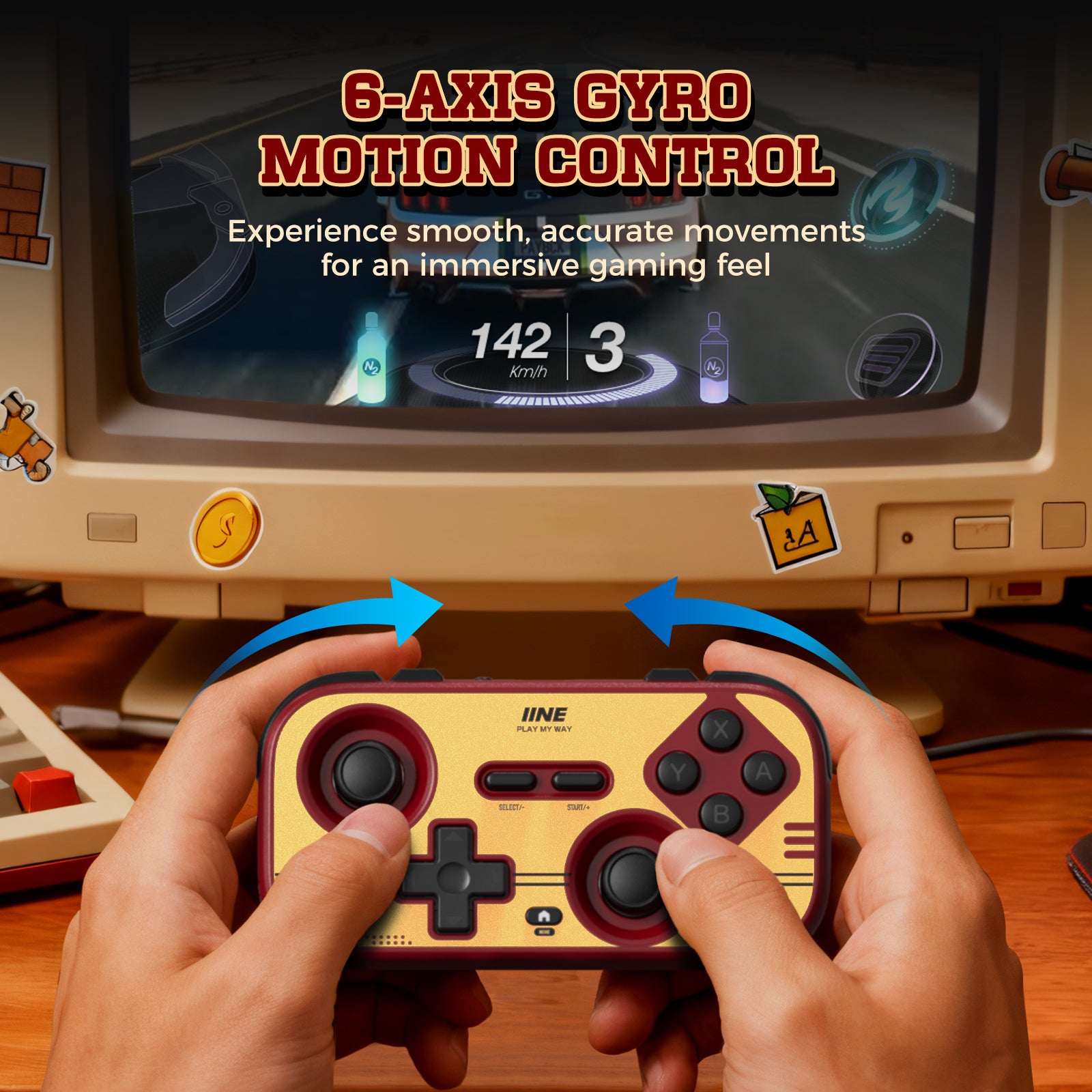 IINE Retro Red Pocket Controller - Hall Effect Joysticks, 1000Hz Polling Rate, 6-Axis Gyro, Portable for Switch/PC/Mobile