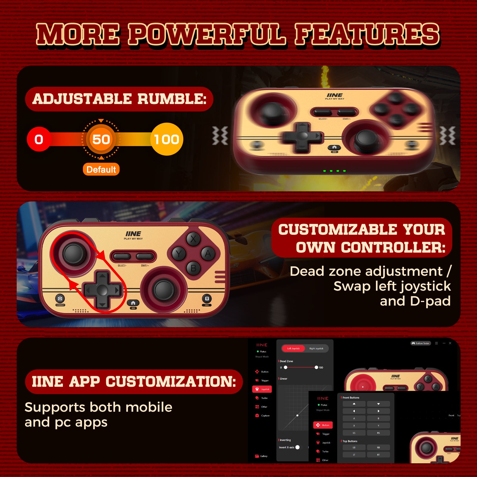 IINE Retro Red Pocket Controller - Hall Effect Joysticks, 1000Hz Polling Rate, 6-Axis Gyro, Portable for Switch/PC/Mobile