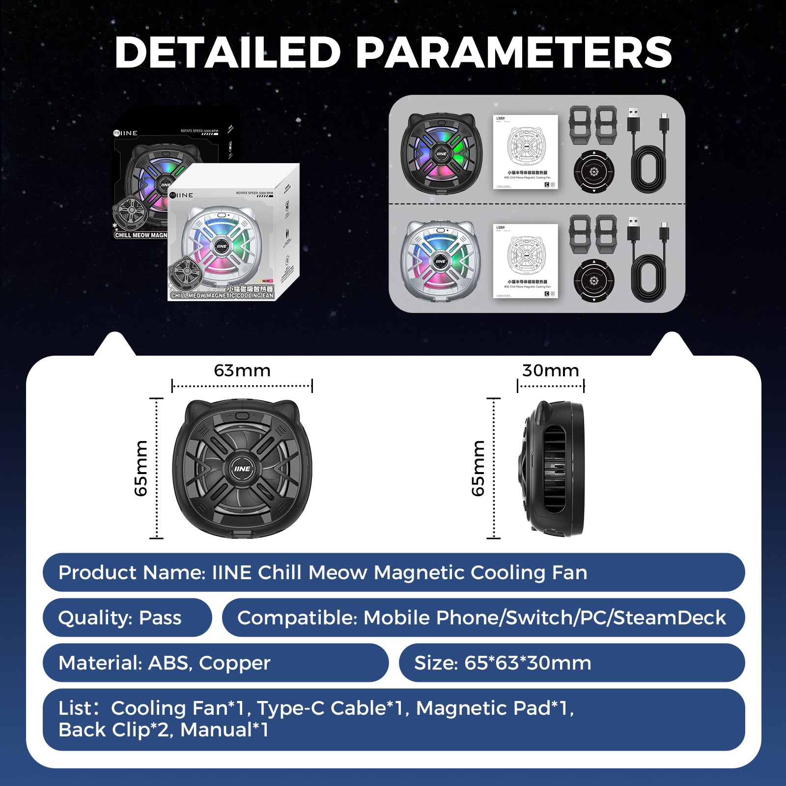 IINE Chill Meow Magnetic Cooling Fan /Magnetic Installation Compact and Light weight /Vibrant RGB Lighting