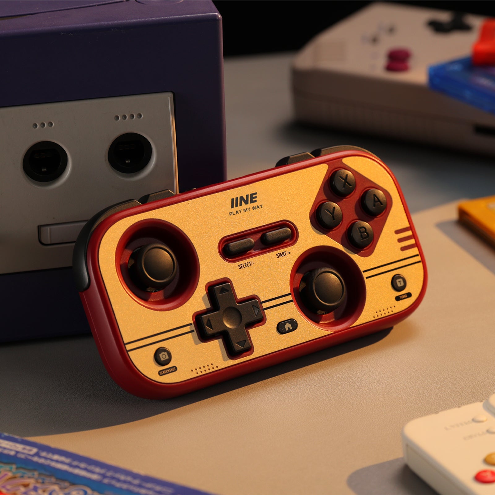 IINE Retro Red Pocket Controller - Hall Effect Joysticks, 1000Hz Polling Rate, 6-Axis Gyro, Portable for Switch/PC/Mobile