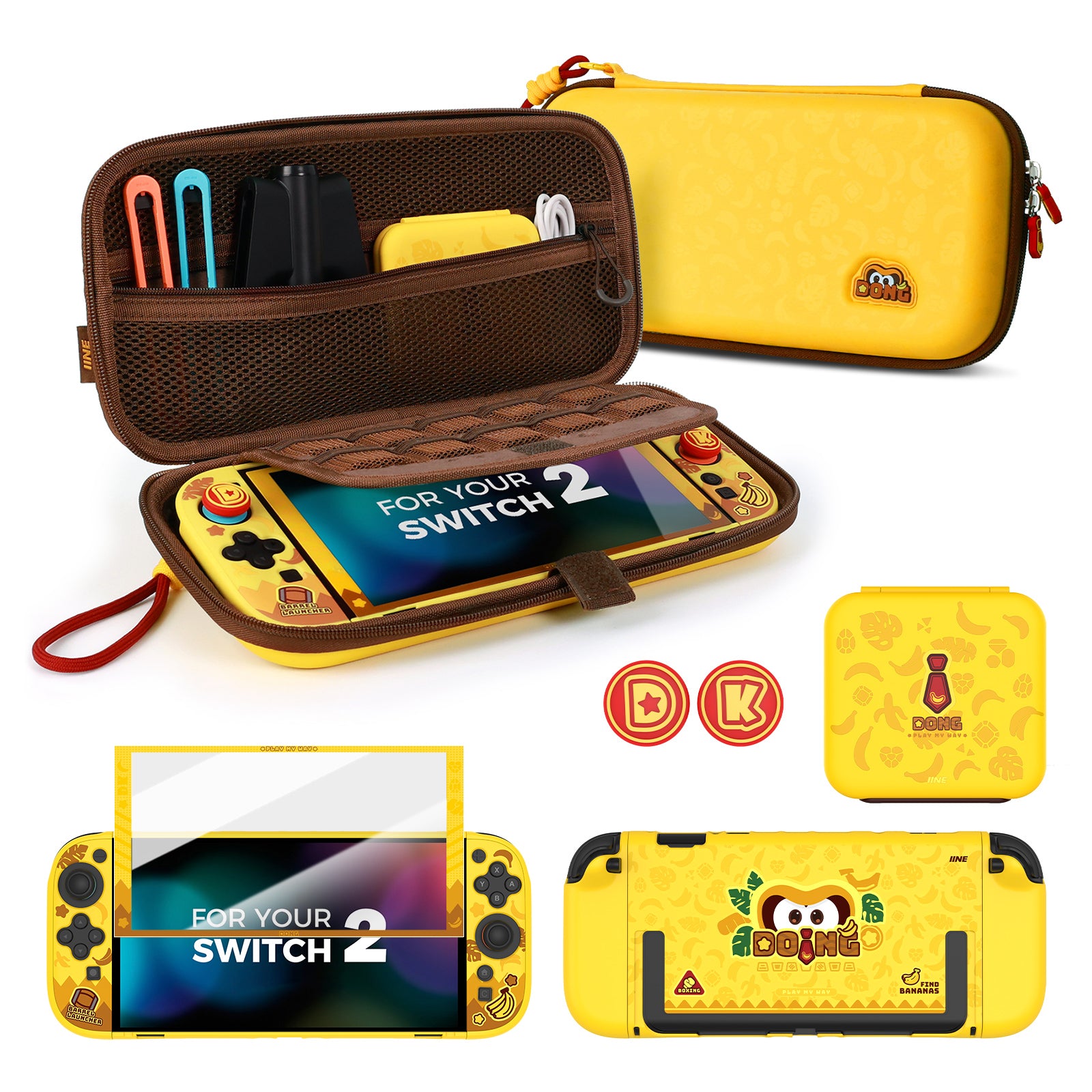 IINE Banana Hero Protective Case & Tempered Glass Film & Storage Bag & Game Card Case for Switch 2