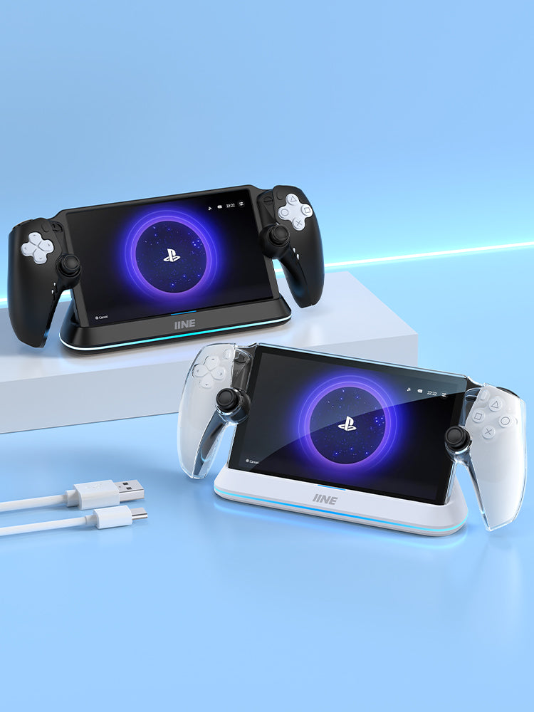 Black and white IINE magnetic charging docks holding PlayStation Portal devices in black and clear protective cases