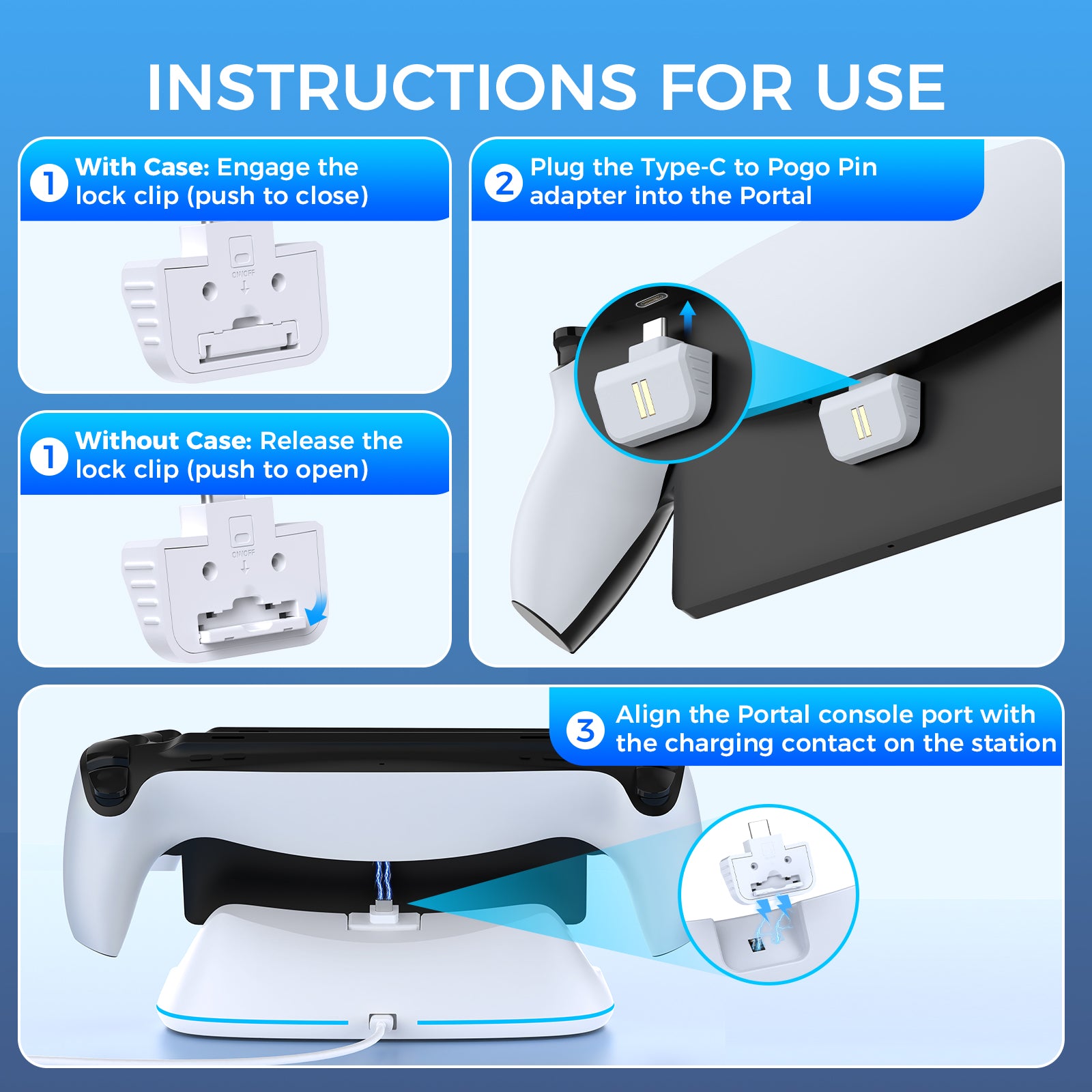 IINE PlayStation Portal magnetic charging dock setup: adjust the clip, insert the USB-C adapter and dock to charge