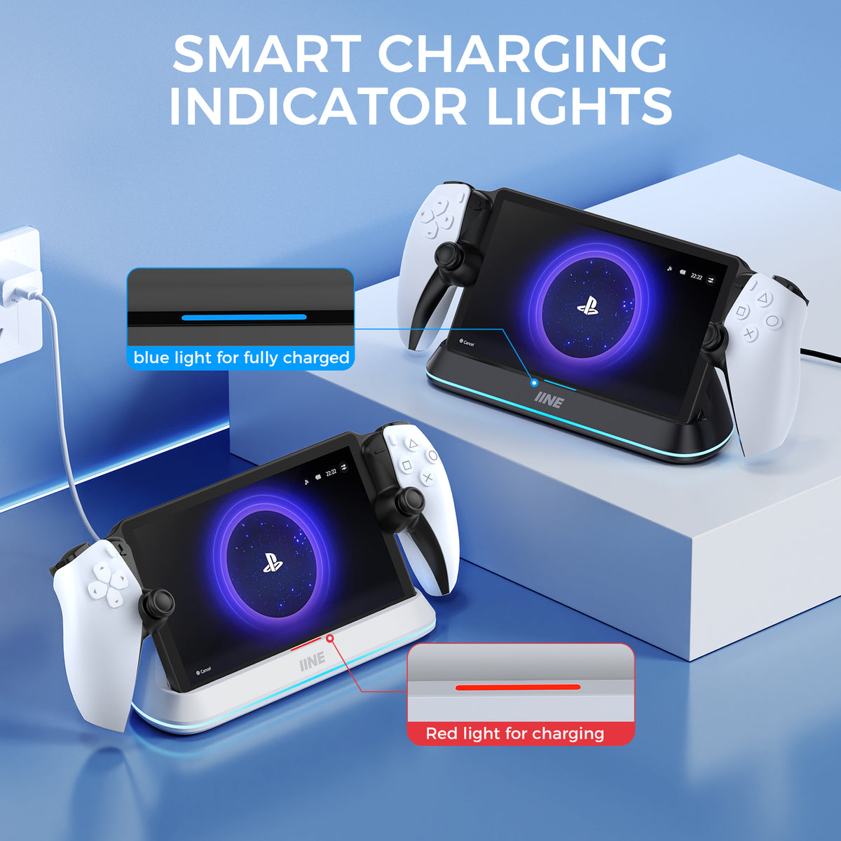 IINE PlayStation Portal charging dock showing a red indicator while charging and a blue indicator when fully charged